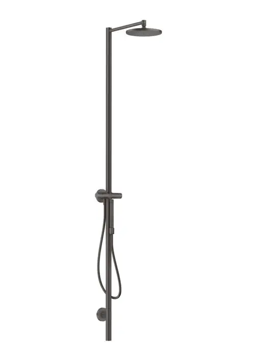 Duschsäule mit Kopfbrause in brushed black chrome, vertikal montiert, von AXOR. Die Konstruktion umfasst eine Handbrause und ein individuell einstellbares Duschsystem.